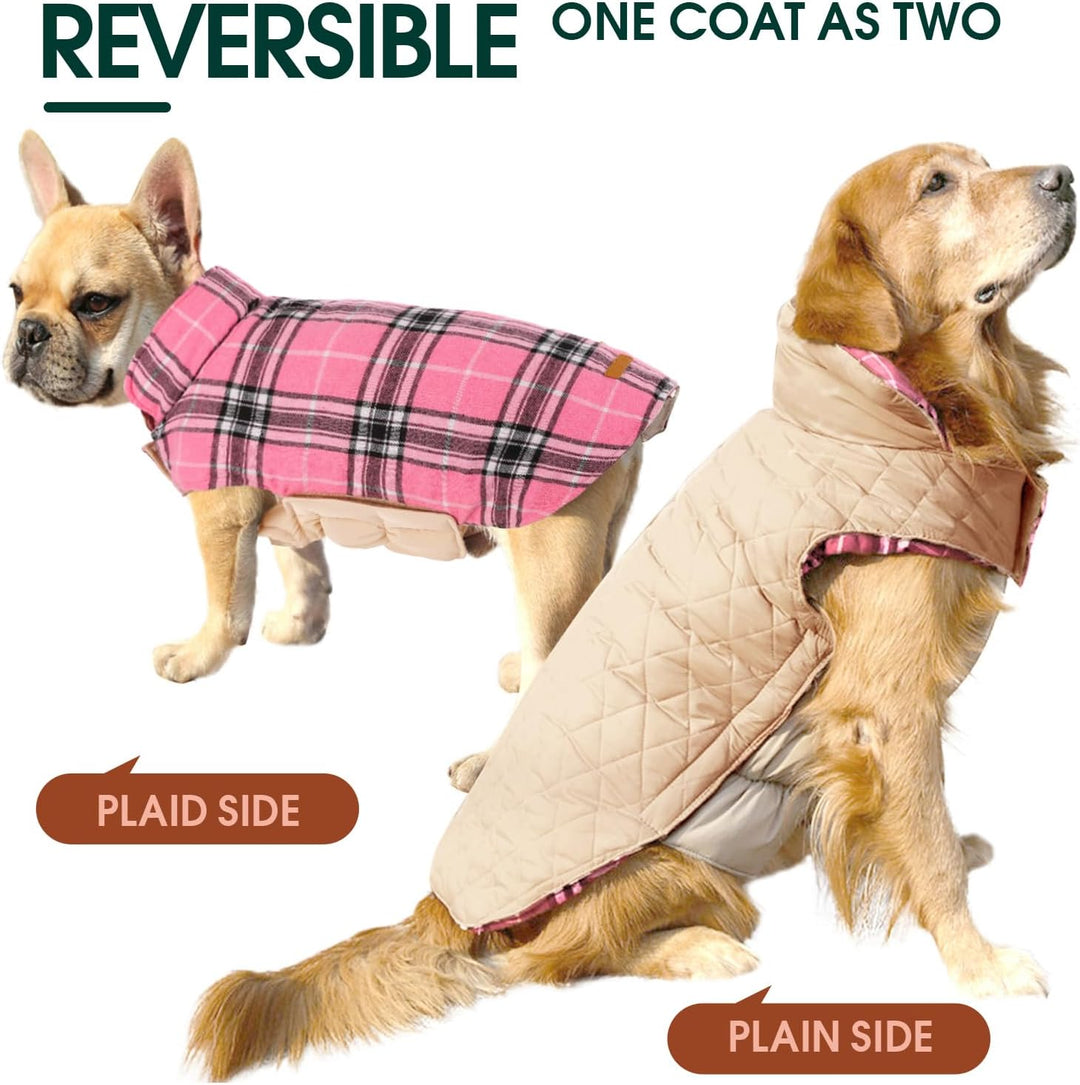 Ultimate comfort & style: Reversible British check waterproof winter dog coat.