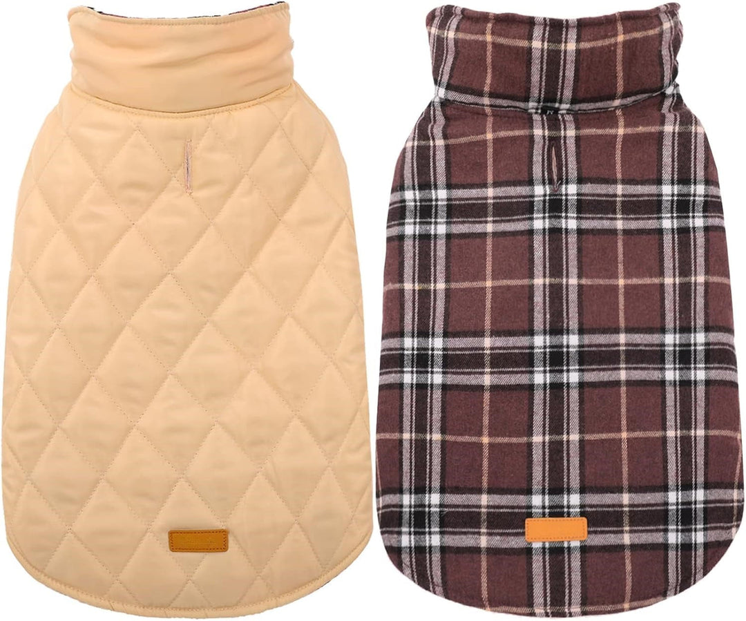 Cozy reversible dog coat with classic British check pattern, ideal for winter walks.