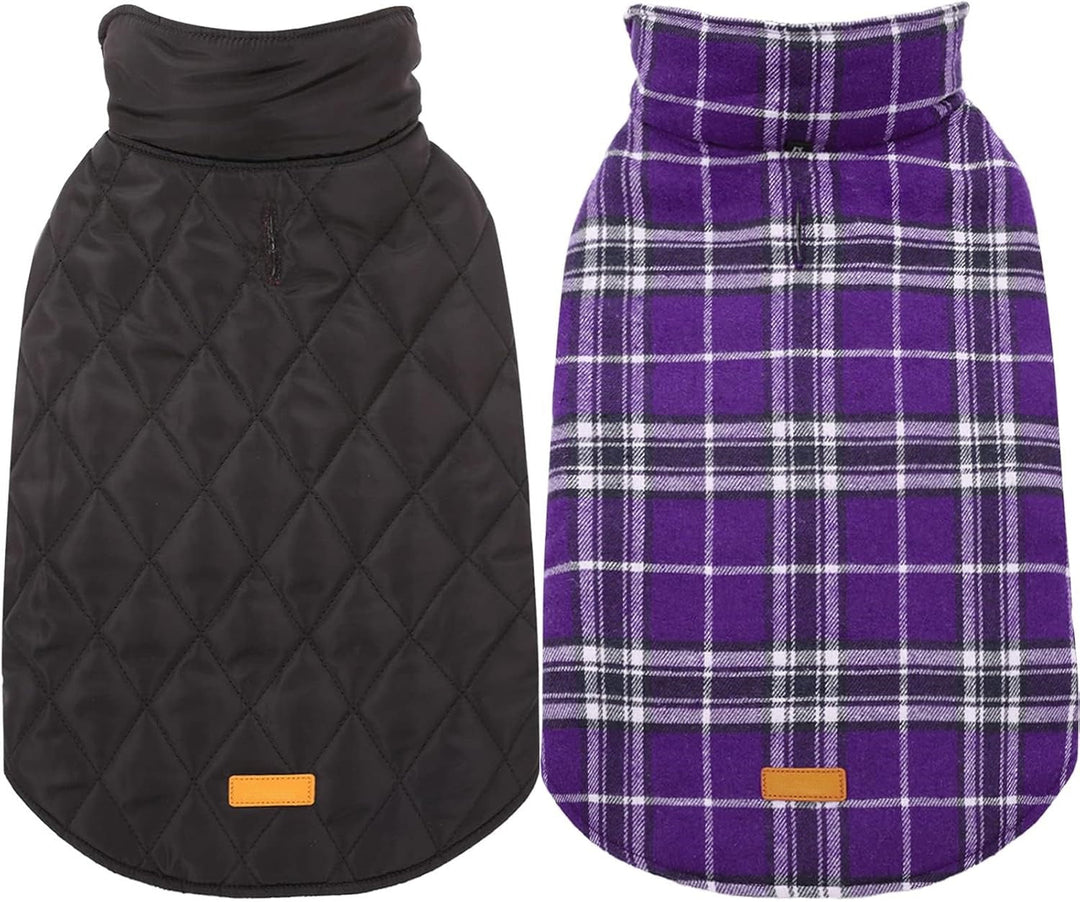 Stylish British check reversible dog coat for winter adventures and outdoor fun.