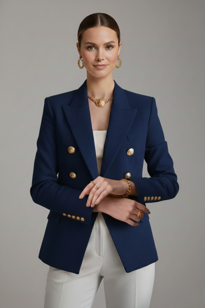 Double-breasted women's blazer with gold button details. Perfect tailored jacket for professional wear.