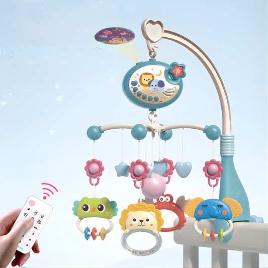 DreamGlow Musical Crib Mobile with star projector, white and grey, soft lights for infant sleep aid