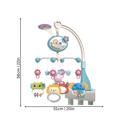 Close-up of Baby's DreamGlow Musical Crib Mobile, adorable plush animals and soothing lights