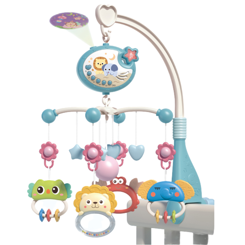 Baby reaching for the DreamGlow Musical Crib Mobile, showing engaging baby entertainment features