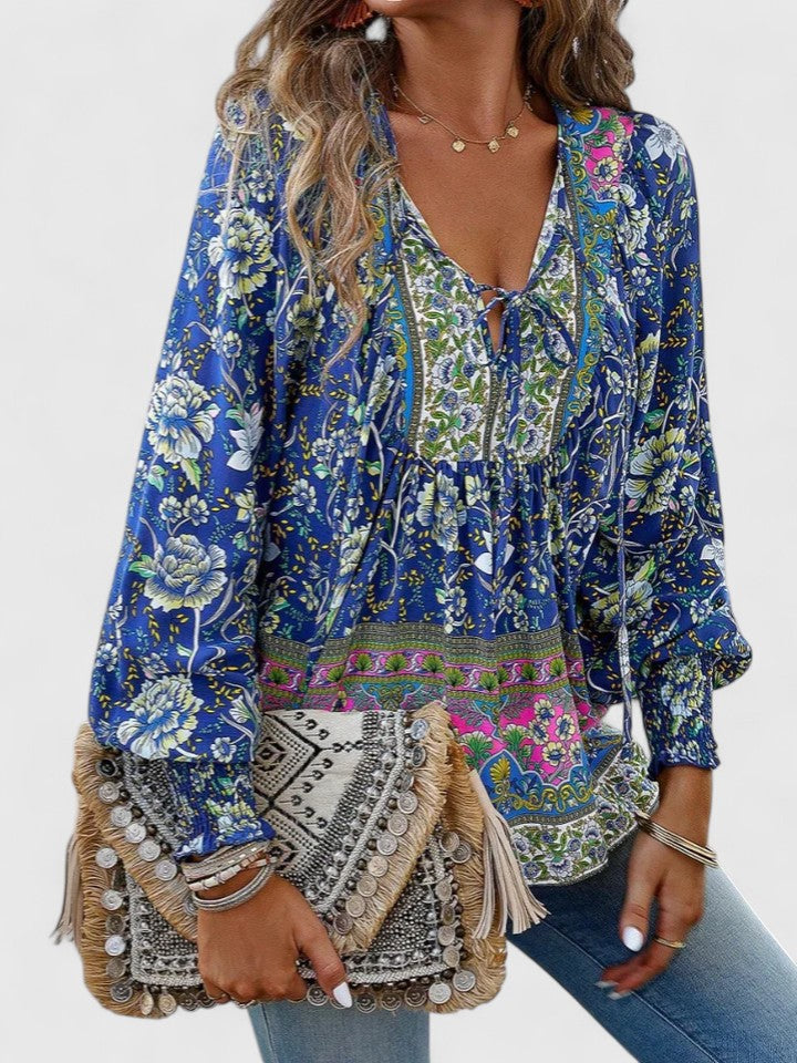 Women's dreamy floral long sleeve peasant top, comfortable and stylish boho blouse, feminine design.