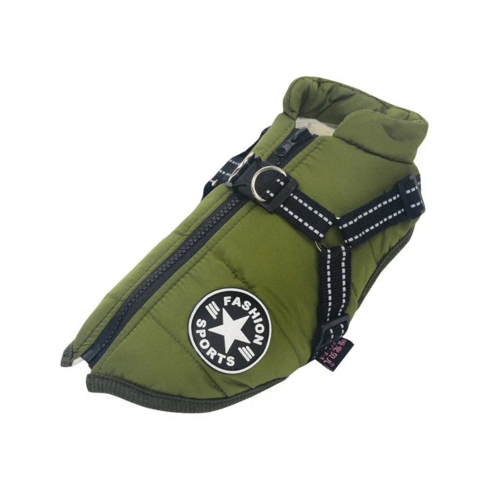 Keep your pet warm with DryPaw waterproof dog coat & integrated harness for winter dog walking.