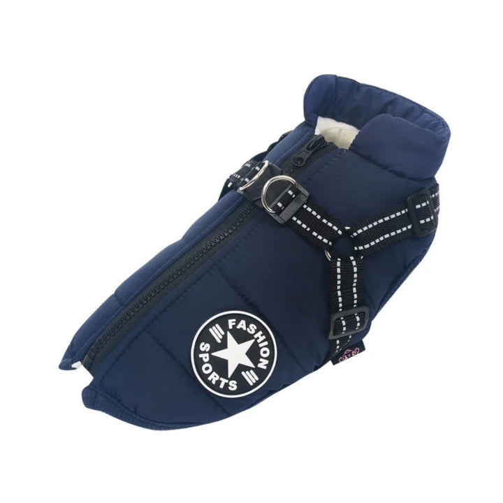 Practical DryPaw dog apparel: Waterproof winter coat with a secure integrated harness.