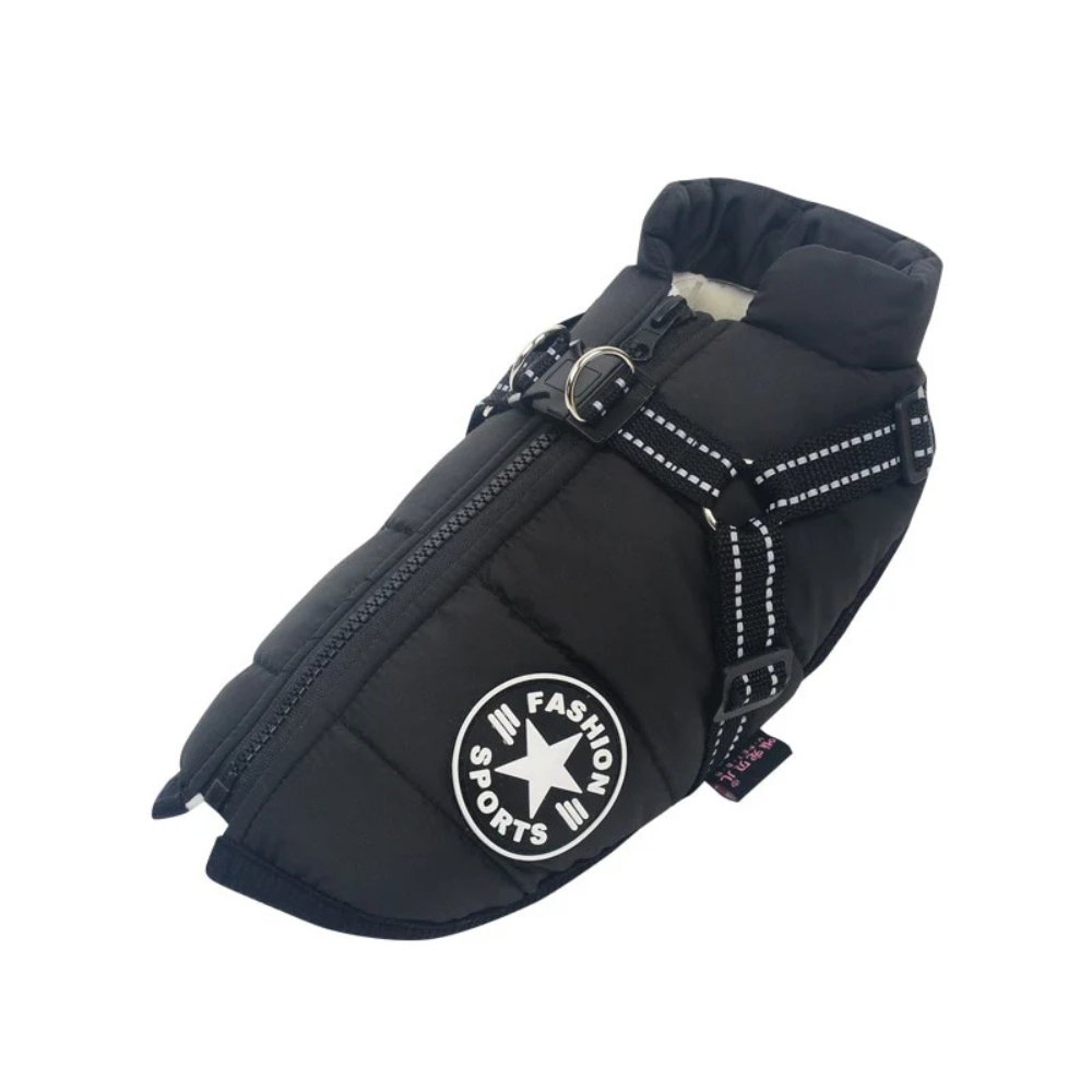 Full-body DryPaw waterproof dog coat with integrated harness for maximum winter protection.