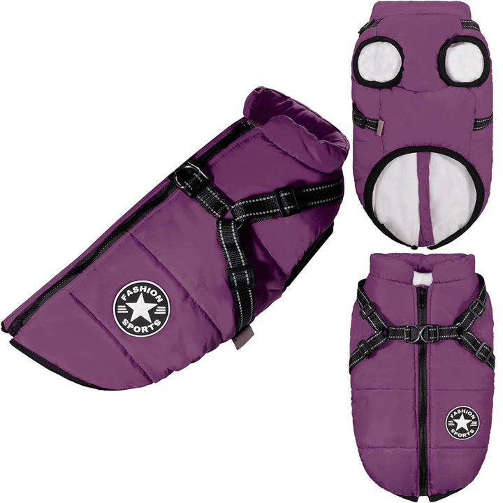 Waterproof dog jacket with an integrated harness, designed for pet walking in cold, wet weather.