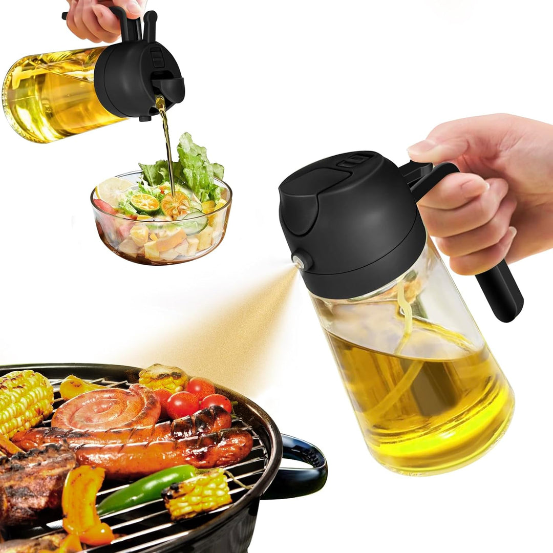Dual function oil sprayer and pourer in a 15.9 fl oz glass bottle for healthy cooking.