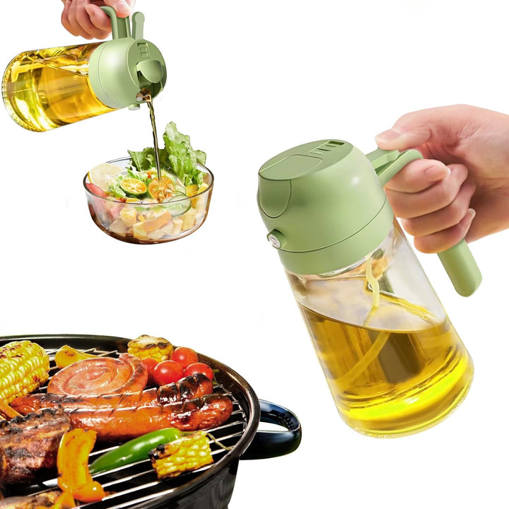 Elegant 15.9 fl oz glass oil dispenser for kitchen, functions as both sprayer and pourer.
