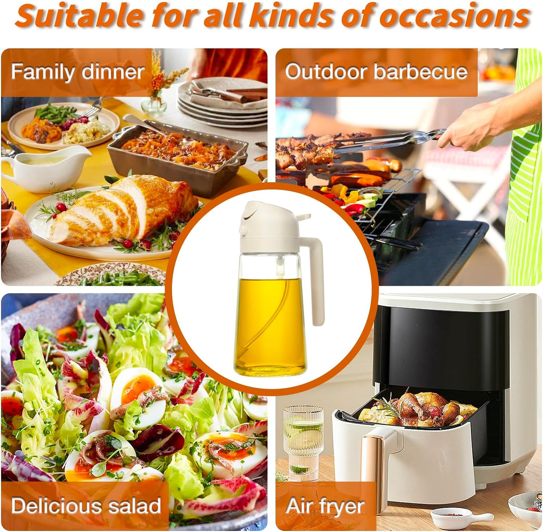 15.9 fl oz glass bottle with dual function: oil sprayer for misting & pourer for drizzling.