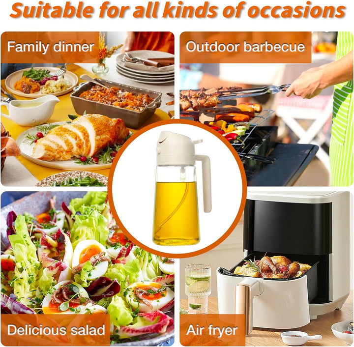 15.9 fl oz glass bottle with dual function: oil sprayer for misting & pourer for drizzling.