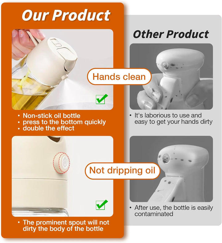 Kitchen oil sprayer and dispenser for healthy cooking, featuring both spray and pour functions.