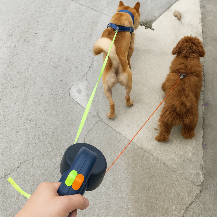 Dual retractable dog leash with 360° swivel, no tangle design for walking two dogs safely. Reflective for pet safety.