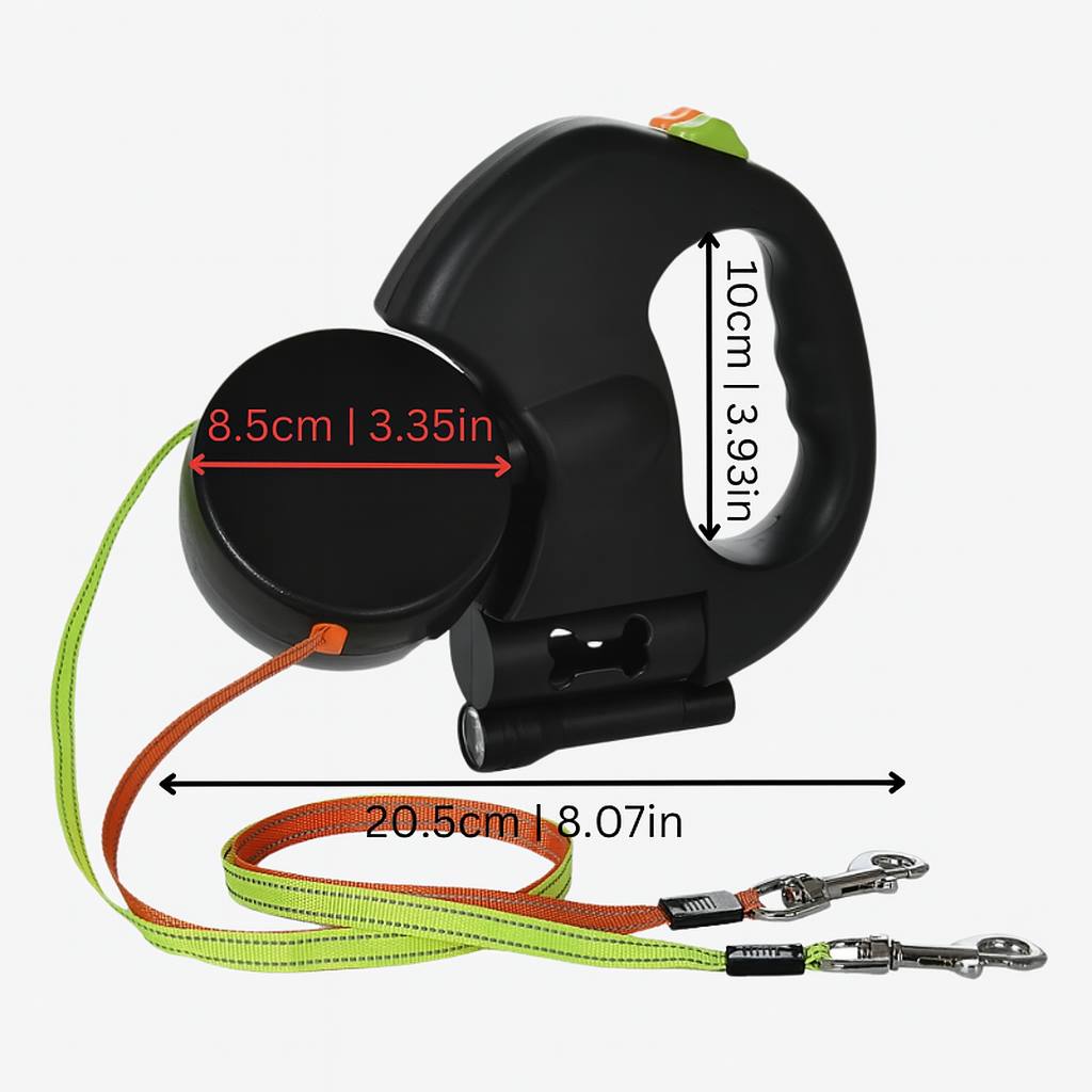 Unisex dual retractable dog leash for two dogs, featuring 360° swivel and tangle-free design for easy pet walking.