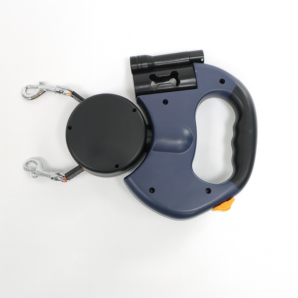 Reflective dual retractable dog leash ensures pet safety during outdoor dog walking with two dogs; 360° swivel.