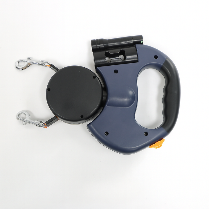 Reflective dual retractable dog leash ensures pet safety during outdoor dog walking with two dogs; 360° swivel.
