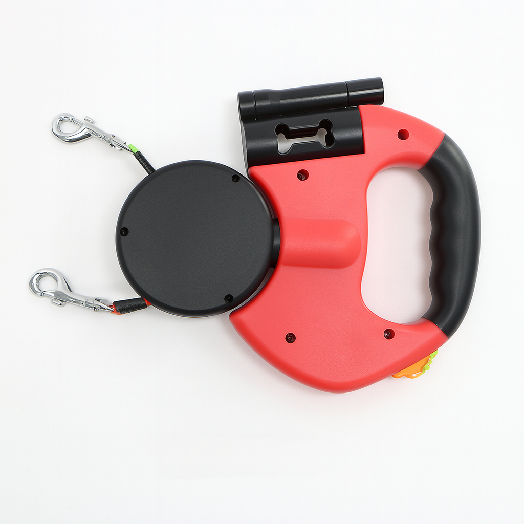 Innovative no-tangle dual retractable dog leash with 360° swivel for walking two dogs effortlessly and safely.