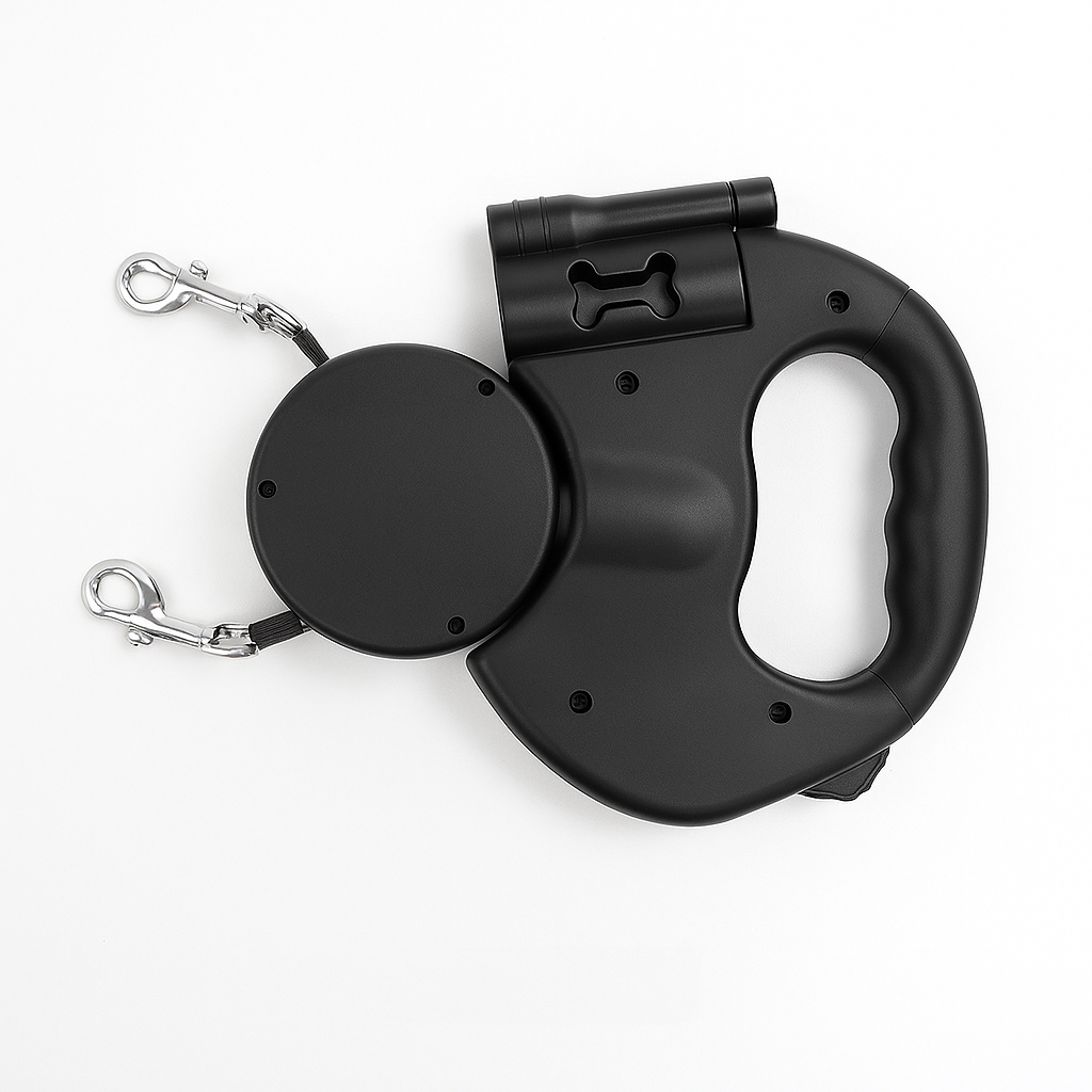 Durable dual retractable dog leash, perfect for two dogs. Features 360° swivel & reflective design for safe walks.