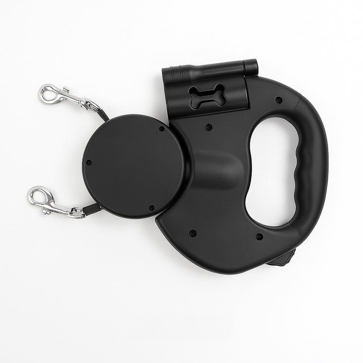 Durable dual retractable dog leash, perfect for two dogs. Features 360° swivel & reflective design for safe walks.