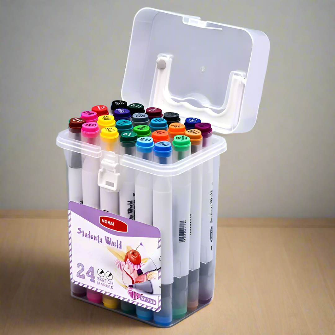 Opened box of dual-tip washable art markers, ready for drawing, coloring, and craft activities