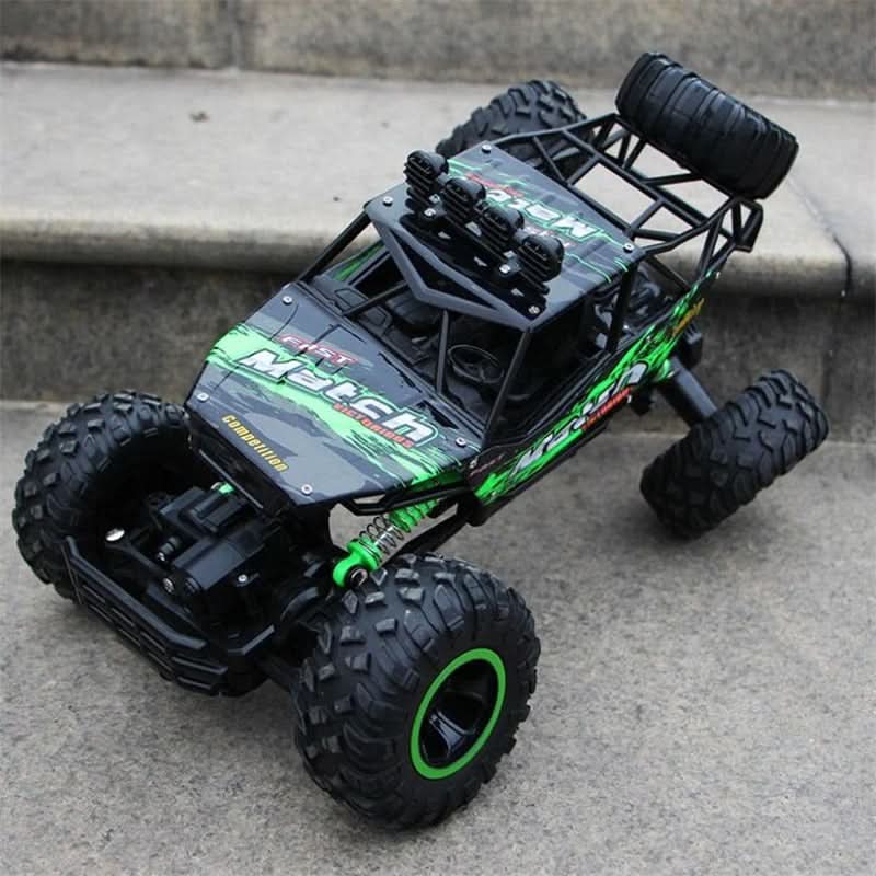 Green all-terrain RC monster truck, an exciting off-road toy car for kids' remote control fun.