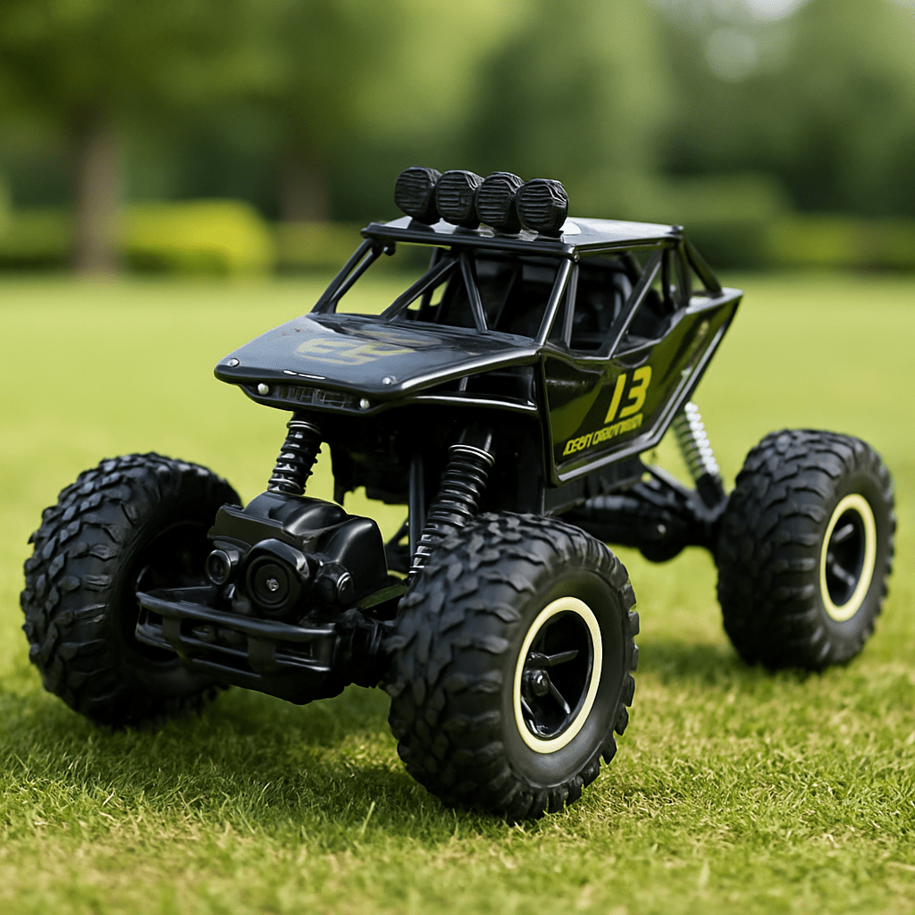 Side view of a high-performance all-terrain RC monster truck, a durable electric toy vehicle.