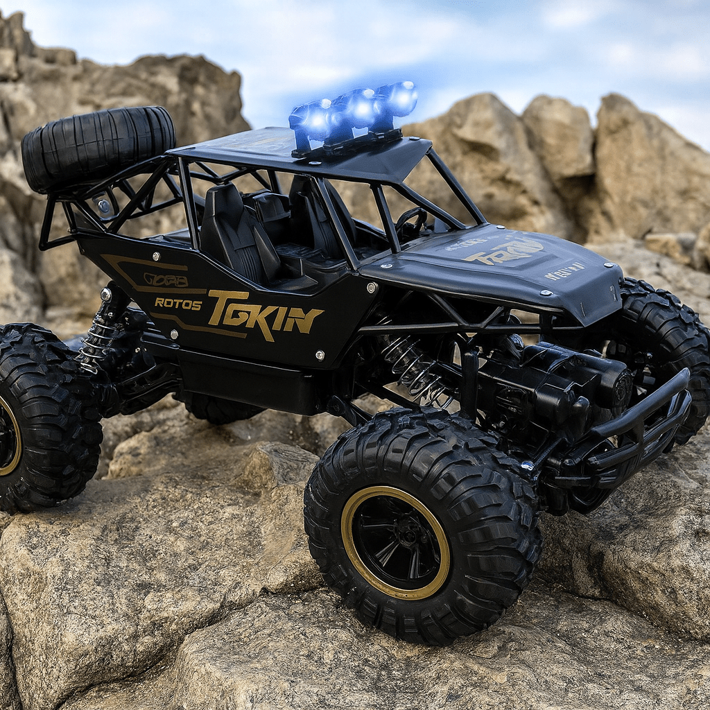 Red RC monster truck speeding through dirt, tackling rough all-terrain with remote control.
