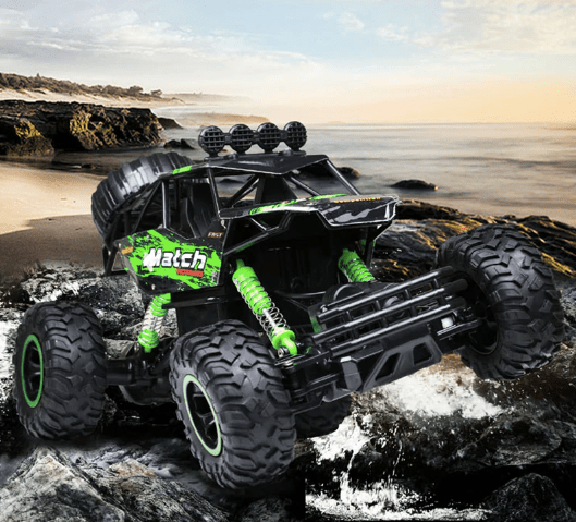 Electric RC monster truck driving through a park, enjoying off-road adventure on all terrains.