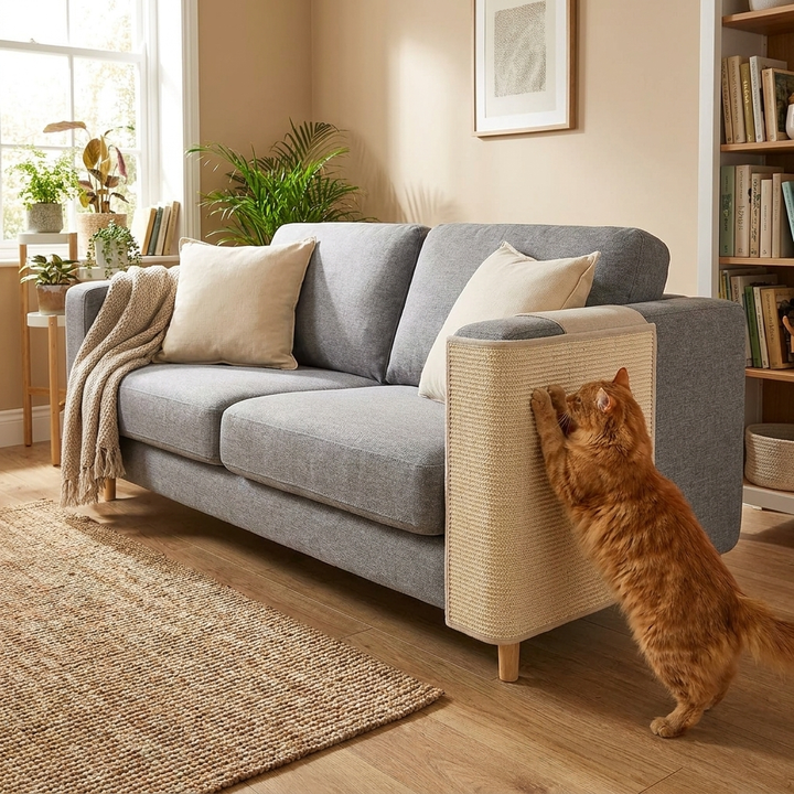 Durable sisal cat scratch armrest shield cover, protecting sofa furniture from feline damage. Essential pet accessory.