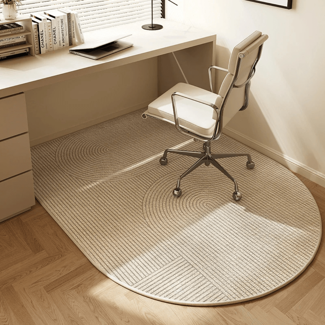 Durable velour office chair mat protecting hardwood floors from scratches & wear in a stylish home office workspace.