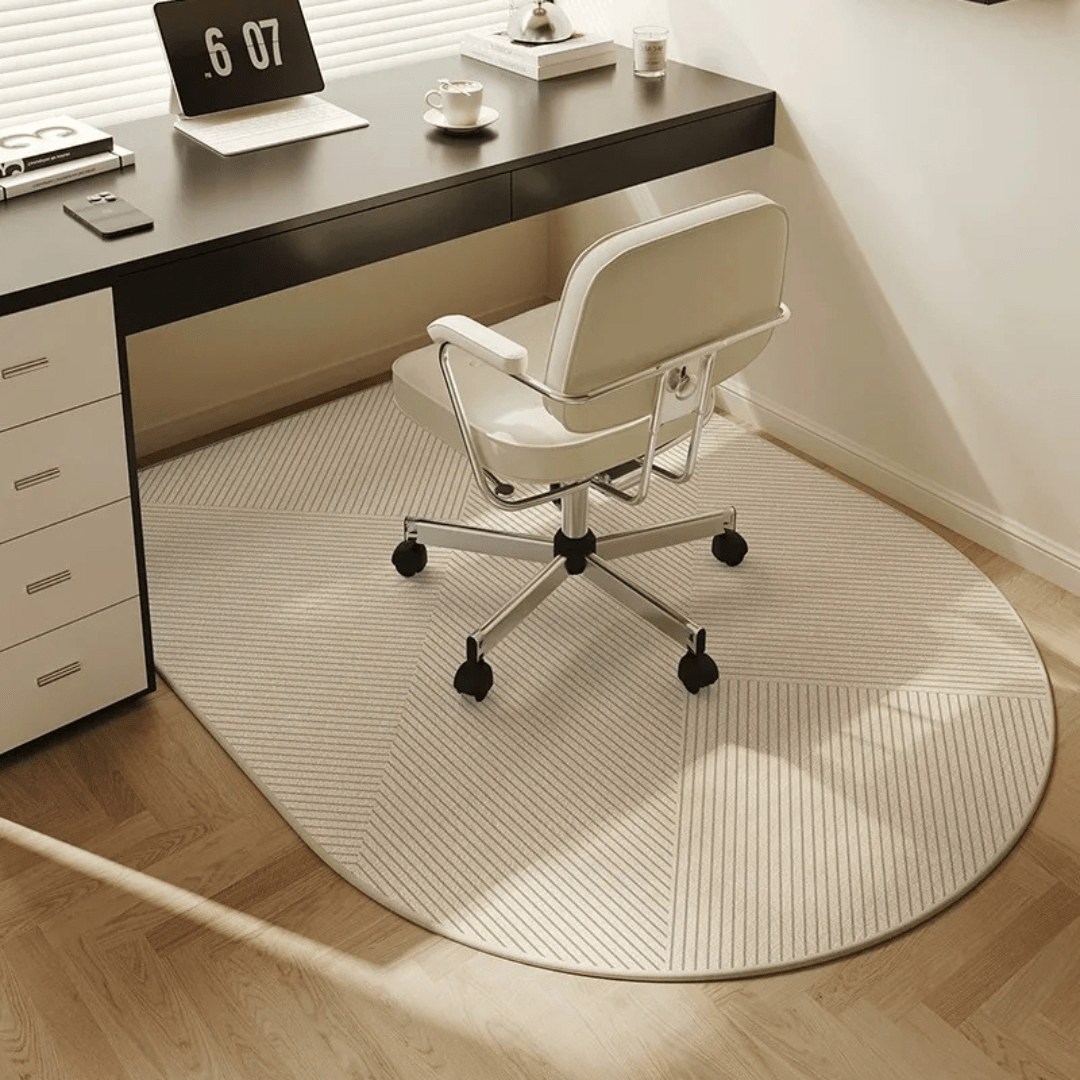 Stylish velour home office chair mat, a desk accessory for floor protection and elegant workspace decor.