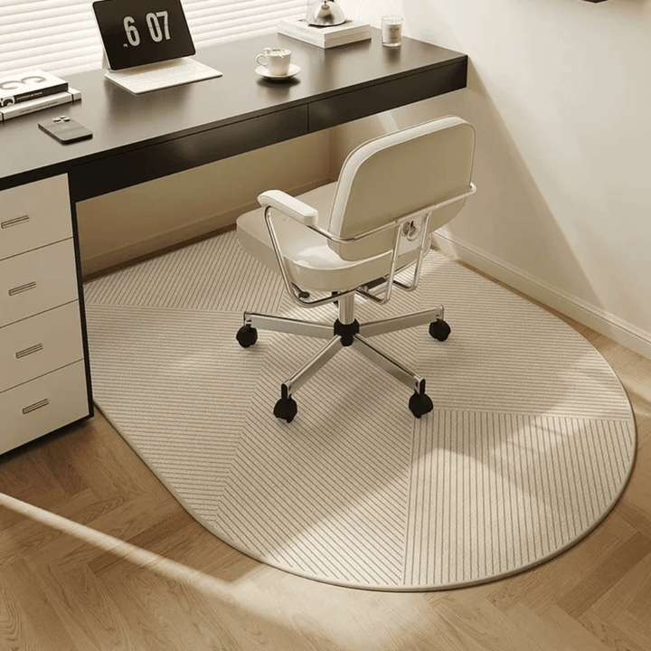 Stylish velour home office chair mat, a desk accessory for floor protection and elegant workspace decor.