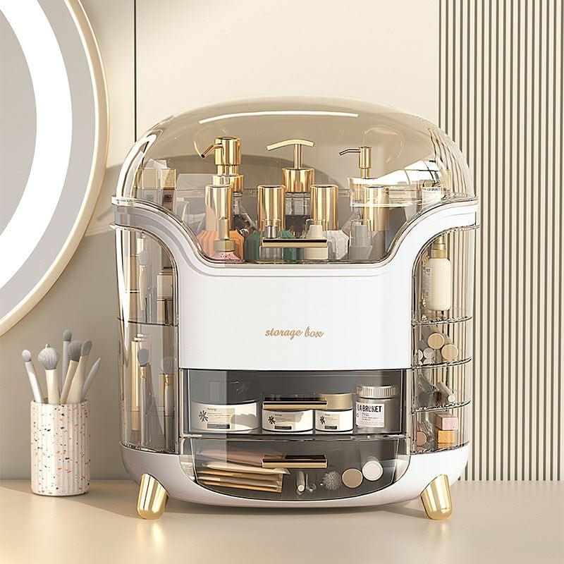Dustproof makeup organizer with clear lid for cosmetic storage on vanity.