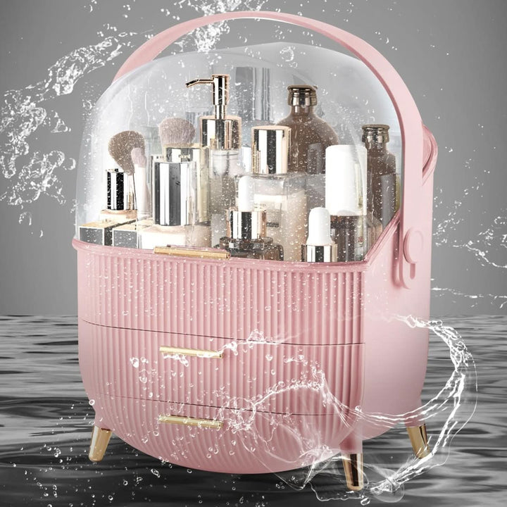 Clear acrylic makeup organizer, waterproof, with multiple compartments for cosmetics.