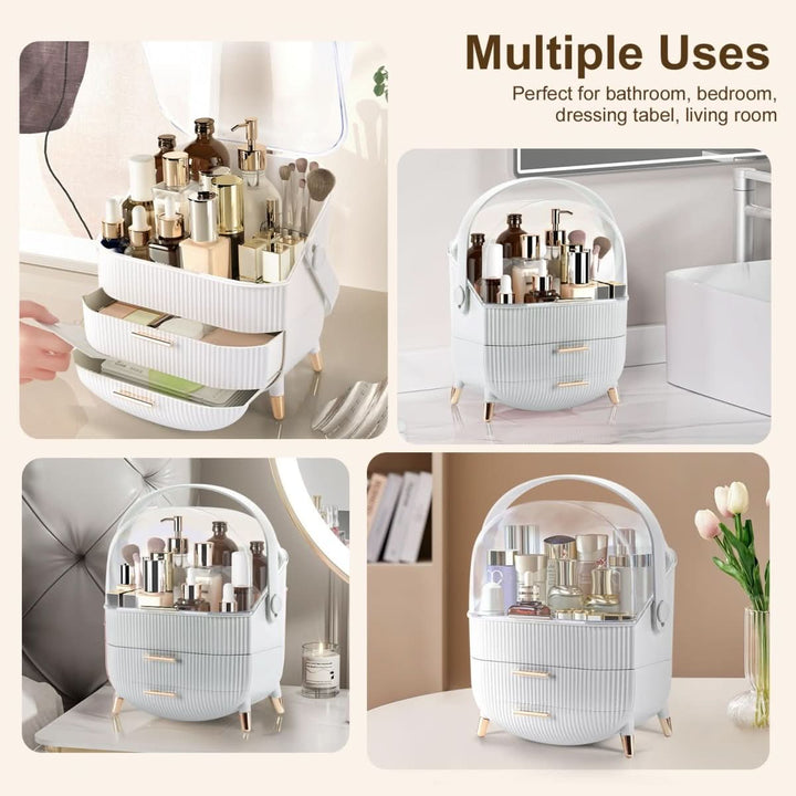 Waterproof beauty organizer for bathroom vanity, stores makeup & skincare products.