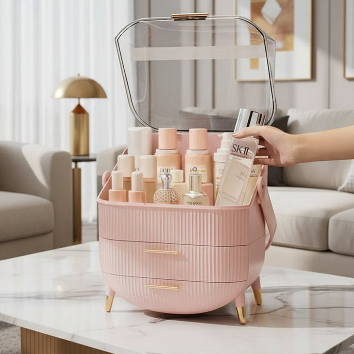 Clear dustproof organizer for makeup, brushes, and skincare, keeps items visible.