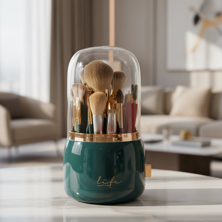 Compact makeup organizer, clear lid, dustproof, perfect for vanity and small spaces.
