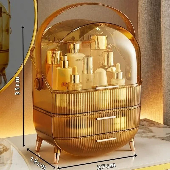Dustproof beauty case with clear drawers, protects and organizes all your cosmetics.