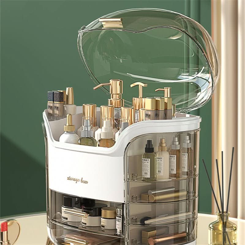 Multi-compartment makeup organizer for brushes, skincare, and cosmetics.