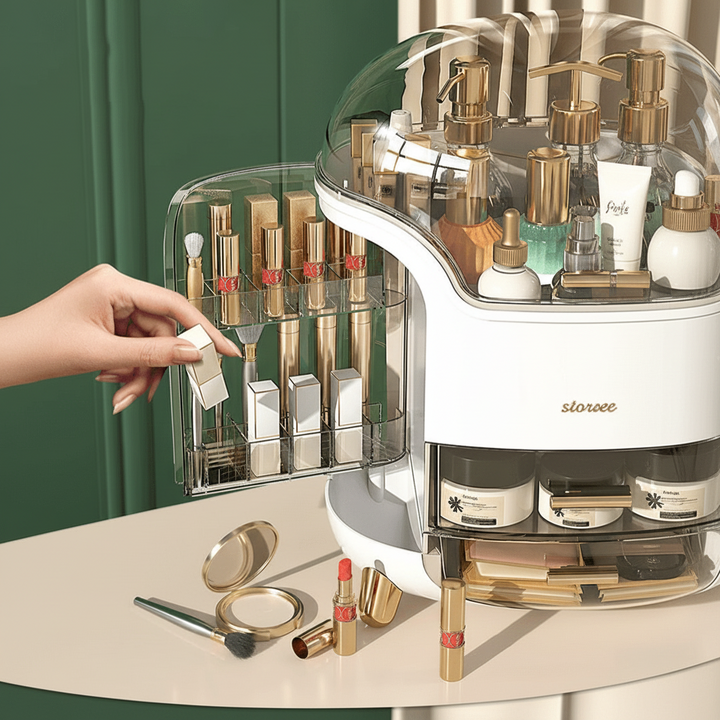 Clear dustproof beauty case keeps makeup protected and visible on any dresser.