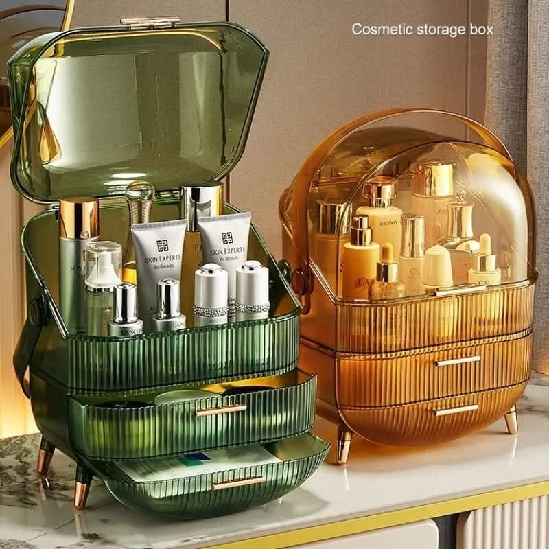Tabletop makeup organizer, dustproof design protects beauty items, easy access.