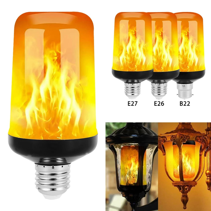 E27 LED flame bulb creating a captivating, realistic fire effect. Ideal for mood lighting & decor.