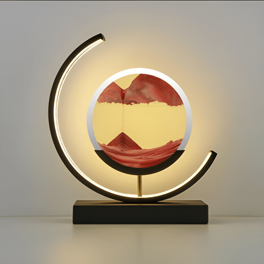 Dynamic sand art lamp with ambient LED light, perfect for relaxing home decor & soothing desktop art.