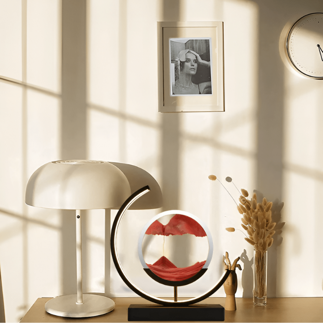 Calming dynamic sand art lamp with warm ambient mood light, ideal for meditation and stress relief.