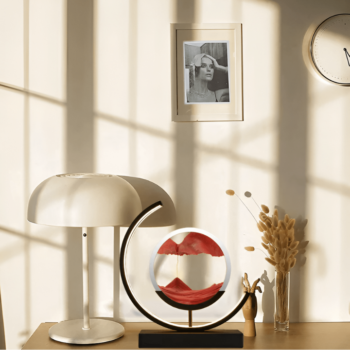 Calming dynamic sand art lamp with warm ambient mood light, ideal for meditation and stress relief.