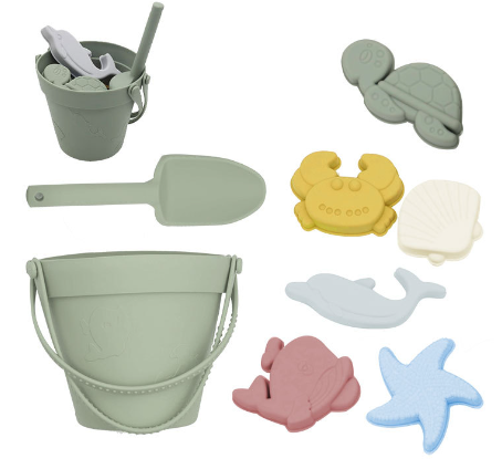 Packaged eco-friendly silicone beach bucket sand toy set, ready for children's outdoor play and travel.