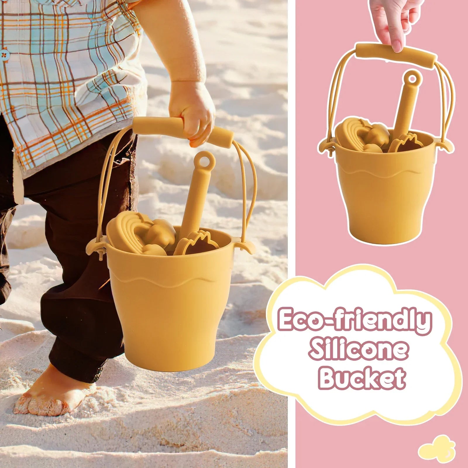 Vibrant eco-friendly silicone beach bucket and sand toy set, perfect for kids' summer outdoor fun.
