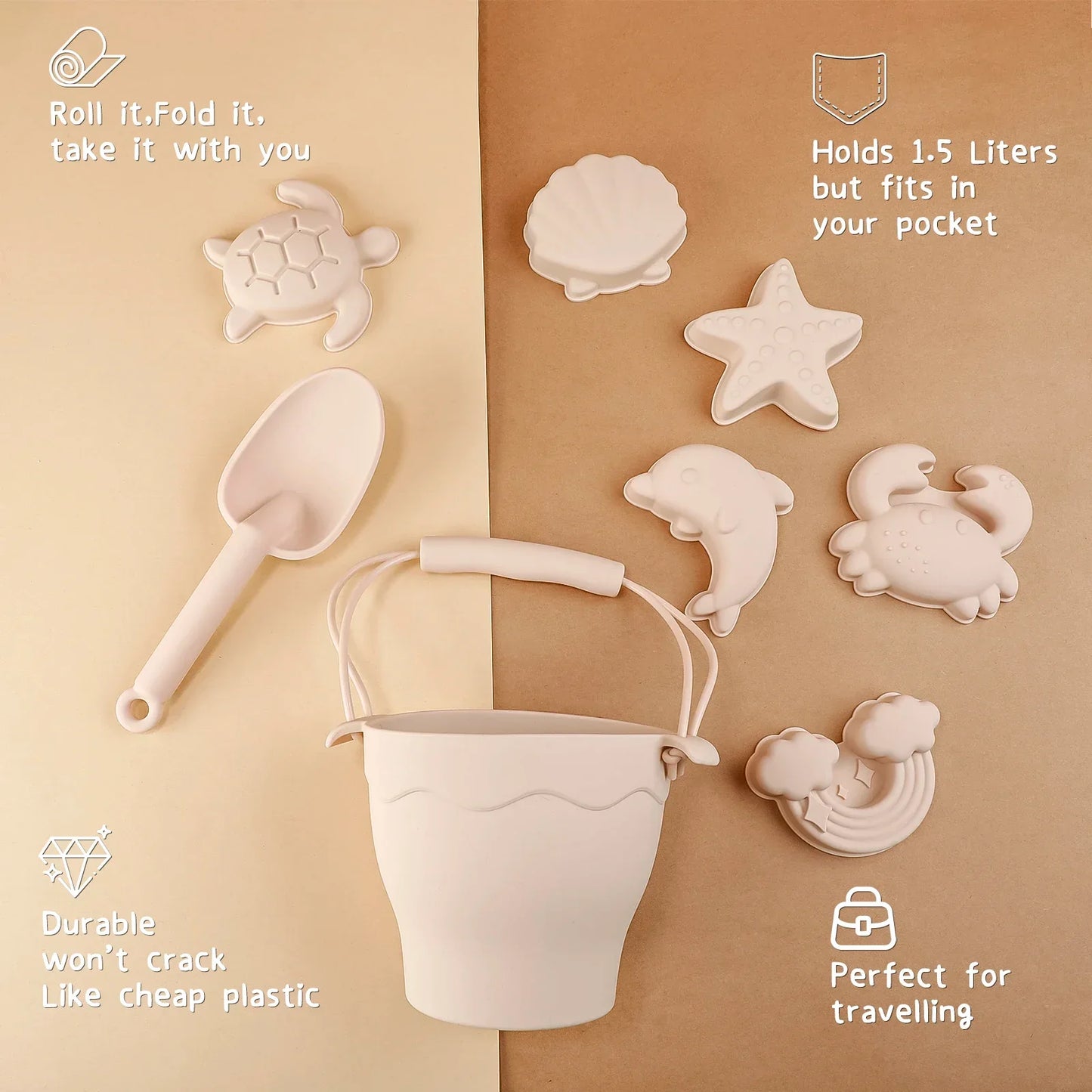 Kids' outdoor play set: soft green silicone beach bucket, spade, and fish sand mold, sustainable toys.