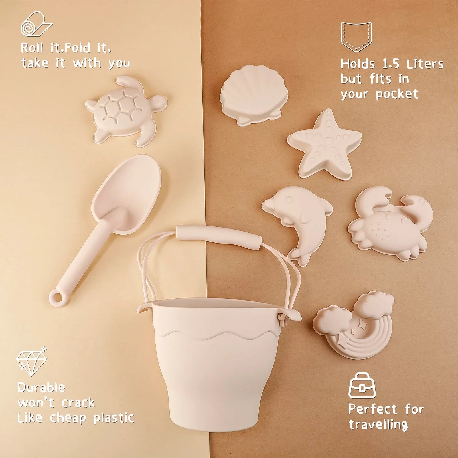 Kids' outdoor play set: soft green silicone beach bucket, spade, and fish sand mold, sustainable toys.